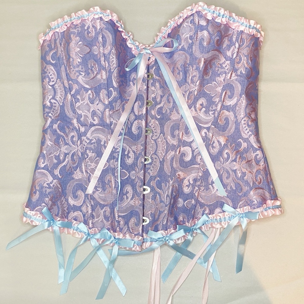 Fairycore Coquette Brocade Satin Ruffle Trim Lace Up Corset Bustier Top Size M